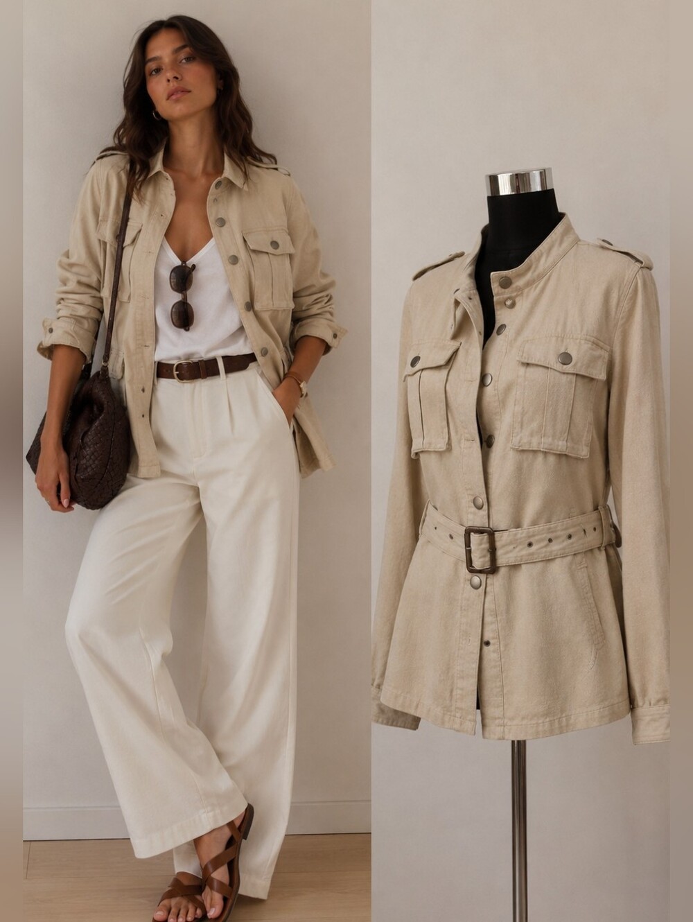 Vero Moda Safari Utility Jacket Beige Belted Military Style Linen Blend Coat